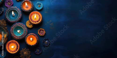  Diwali celebration Indian festival of lights Diya oil lamp and colors Rangoli decoration bright colorful flowers flowerbed, copy space, greetings Deepavali Hindu festival India., generative ai