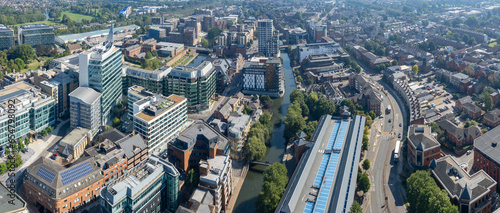 amazing aerial view of the downtown and river kennet of Reading, Berkshire, UK
