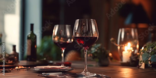 A glass of red wine on a table in a restaurant. Selective focus. Wineglass with red wine and grapes on the wooden table.
