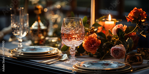 Elegant table setting with candles in restaurant. Selective focus. Romantic dinner setting with candles on table in restaurant. © vachom