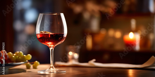 A glass of red wine on a table in a restaurant. Selective focus. Wineglass with red wine and grapes on the wooden table. 
