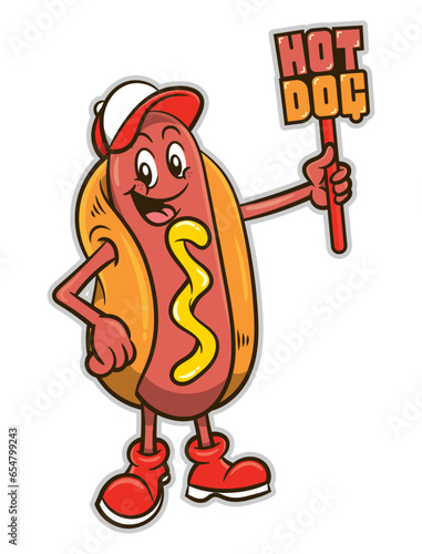 Hotdog mascot cartoon character wearing a cap and carrying a banner board with "hotdog" text. Best for mascot, sticker, and logo with street food themes for kids