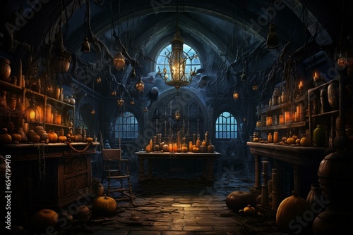 A eerie sorcerer's room adorned with spooky jack-o-lanterns and mystic potion jars under the moonlight. Ideal for Halloween occasions. Generative AI