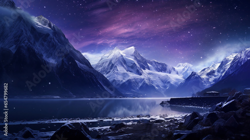 Landscape view of a mountain lake with stars and the Milky Way above the night sky © boxstock production