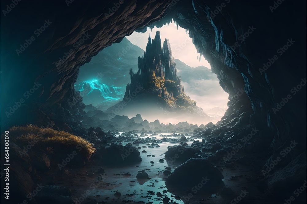 front view of a epic undercave waterfalls rocks blocking part of it water fog rock formation 8k  - obrazy, fototapety, plakaty 