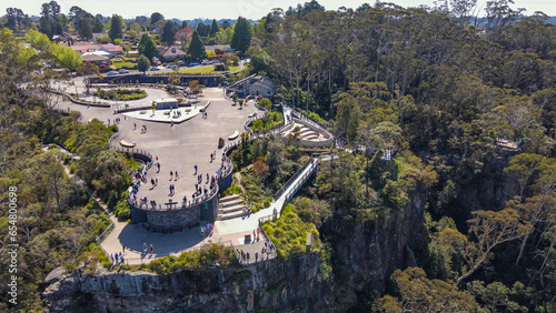Aerial drone view of Echo Point Lookout at Katoomba in the Blue Mountains region, New South Wales, Australia on a sunny day in September 2023    photo