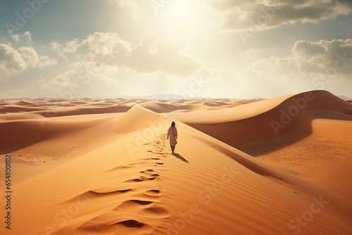 A traveler walking on vast dunes captures the vastness of the desert and the isolation of their journey. Generative AI