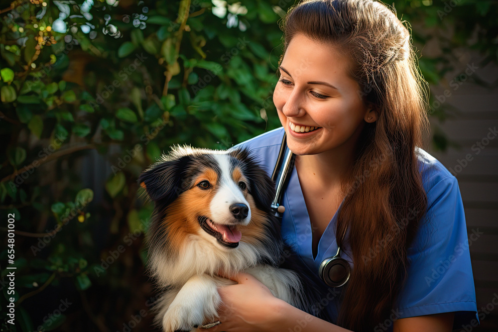 A vet examines a dog in the garden A vet examines a dog in the garden