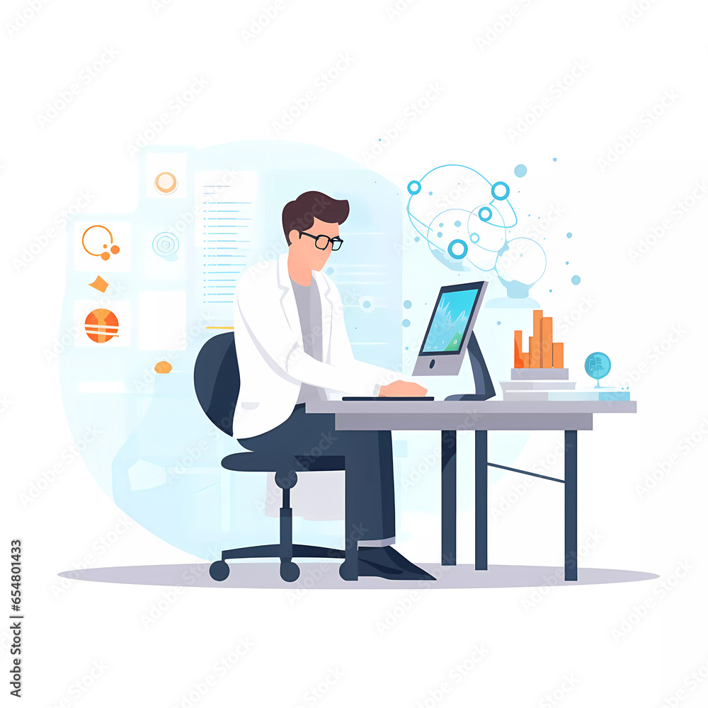 Fototapeta premium Data scientists using computer to analyze data. flat cartoon illustration.Data scientist concept.