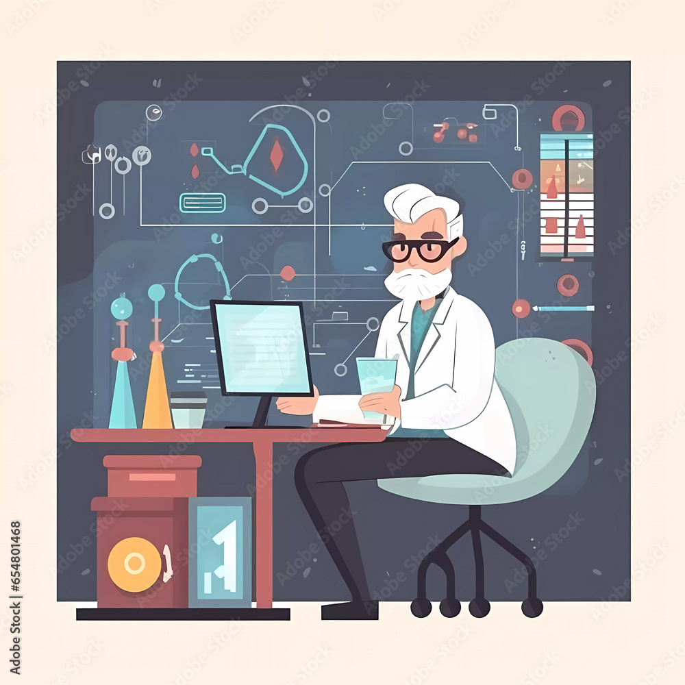 Experienced professor analyze data using computer with statistic chart background.flat cartoon illustration.data scientist concept. Experienced professor analyze data using computer with statistic chart background.flat cartoon illustration.data scientist concept.
