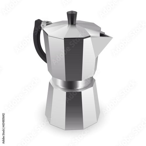 Italian geyser coffee maker, styled like a Moka pot, set against a white background. An illustration of a coffee pot designed for preparing espresso coffee, isolated on a white background