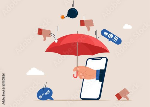 Hold strong umbrella protect from negative feedback. Handle online no criticism. Flat vector illustration