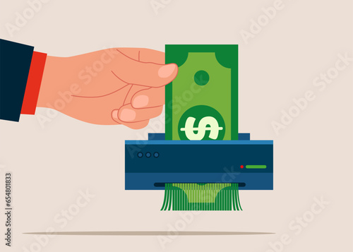 Money shred bad investment, scam,  causing losing money. Flat vector illustration.
