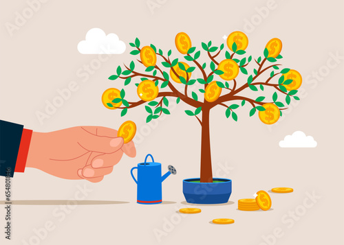 Hand picking cash from money tree. Financial and investment growth. Vector illustration