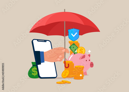 Hand with phone holds umbrella, money under protection. Bank deposit protection, retirement savings. Flat vector illustration.