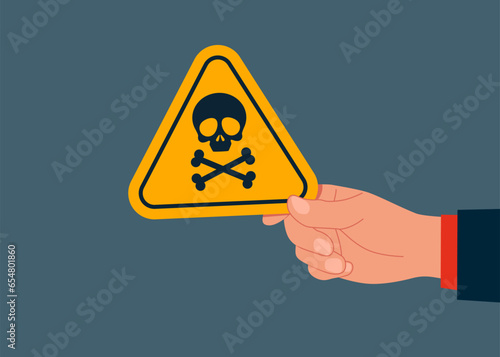 Hand human holding with danger sign. Incident management, identify risk, critical failure. Vector illustration