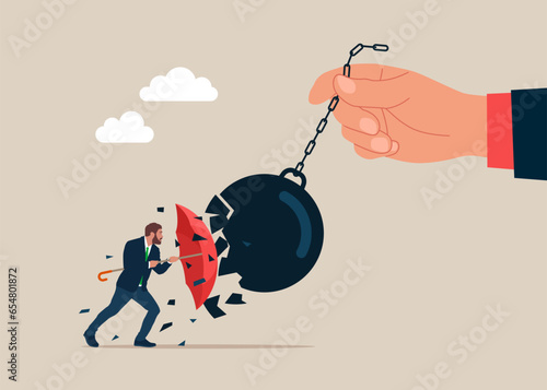 Open red umbrella which protects from a collision with a broken wrecking ball. IT defense. Insurance and protection. Vector illustration