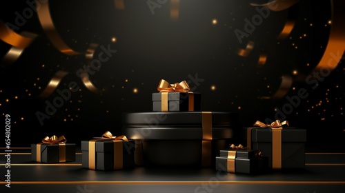 A gift box arranged with gold ribbons and bows with a black bokeh blur background. Black Friday Concept with copy space