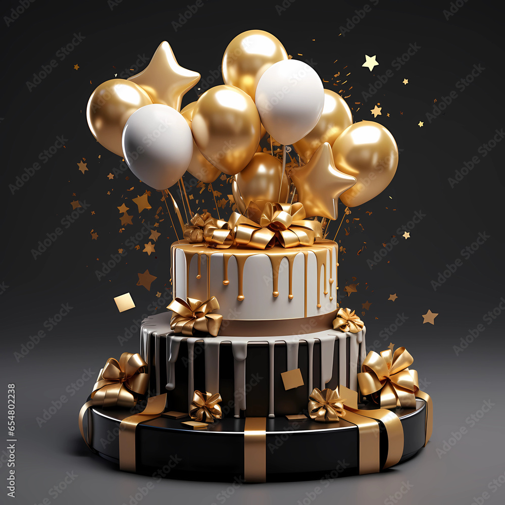 Black and White Cake with Gold Frosting and Balloons