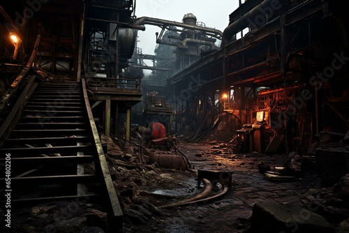 An old-fashioned coal mine situated in a worn-out factory area. Generative AI