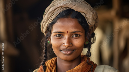 A portrait featuring a joyful Indian labor girl concealing her sadness behind a radiant smile, aspiring for dreams of education and equality. photo