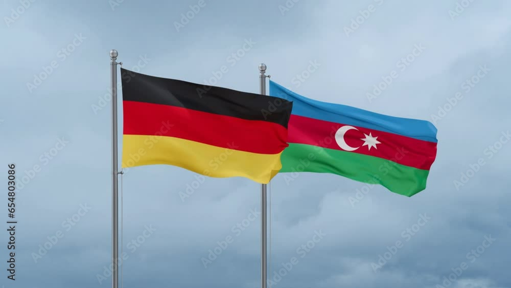 Azerbaijan and Germany flag waving together on cloudy sky, endless seamless loop, two country cooperation concept Azerbaijan and Germany flag waving together on cloudy sky, endless seamless loop, two country cooperation concept