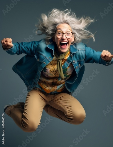old woman portrait jumping, in the style of queer academia, teal, grandparentcore, photobash, dark yellow and gray, bold fashion photography, zbrush photo