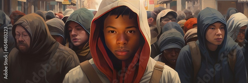 man in hoodie on a crowded city street, in the style of human-canvas integration, nabis, candid, multicultural, yankeecore, close-up, afrofuturism-inspired photo