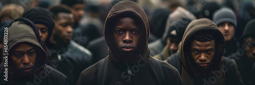 man in hoodie on a crowded city street, in the style of human-canvas integration, nabis, candid, multicultural, yankeecore, close-up, afrofuturism-inspired photo