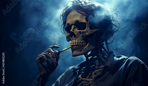 scary skeleton smoking a cigarette, in the style of dark azure, historical genre, historical reproductions, unprimed canvas, mist, cybermysticsteampunk, historical photo