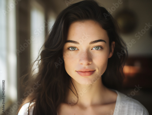 Portrait of half asian beautiful woman feeling relax in cozy home