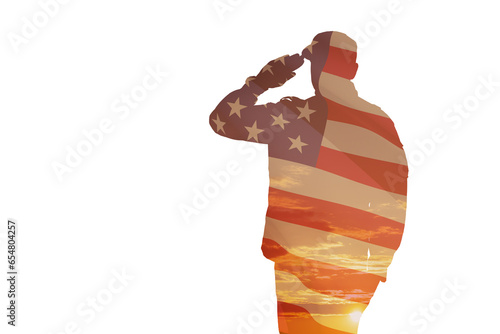Silhouette of soldier with print of sunset and USA flag saluting isolated on white background. Greeting card for Veterans Day, Memorial Day, Independence Day. America celebration.