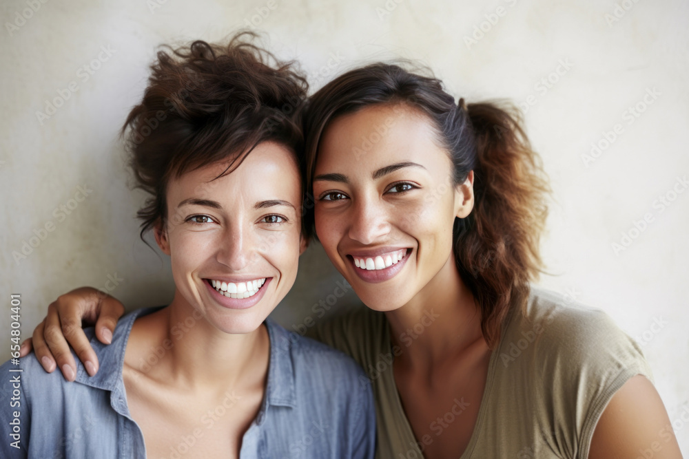 Two smiling friends posing against a beige wall. Two smiling friends posing against a beige wall.