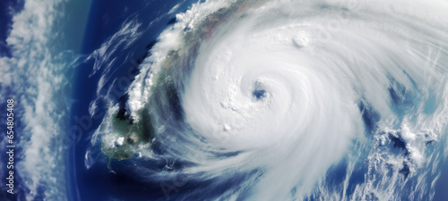 Stormy cyclone swirling  Typhoon  Hurricane near coastal  catastrophe  seen from space.