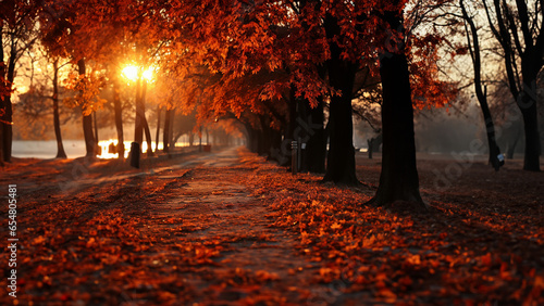 Herbst Allee mit Seeblick und vielen roten Blättern in der Abendsonne Querformat, ai generativ