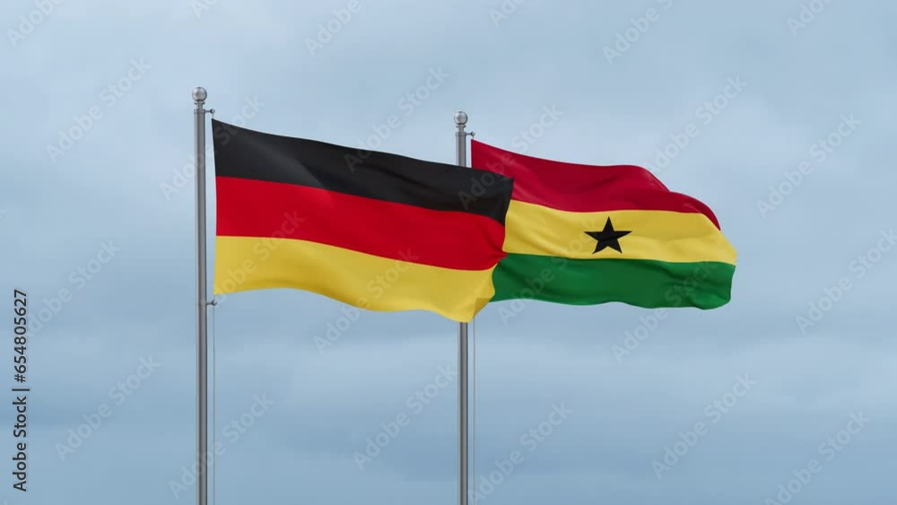 Ghana flag and Germany flag waving together on cloudy sky, endless seamless loop, two country relations concept Ghana flag and Germany flag waving together on cloudy sky, endless seamless loop, two country relations concept