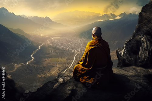 Majestic Monk Meditating: Finding Inner Peace Atop a Mountain Overlooking the Serene Valley, ai generative
