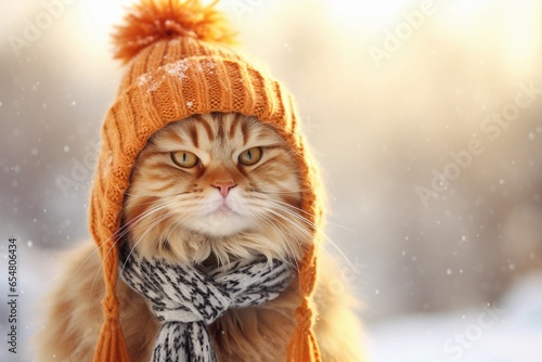 Funny ginger cat in in a warm knitted hat and scarf on a winter day with copy space.