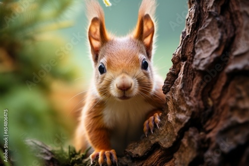 A red squirrel, transformed and curious, peeks from behind a tree © Jawed Gfx