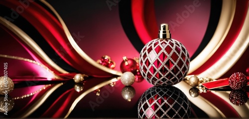 A glamorous design round red parfum bottle with decorative  brilliants on a red mirroring surface and a festive modern design red and gold ornate background