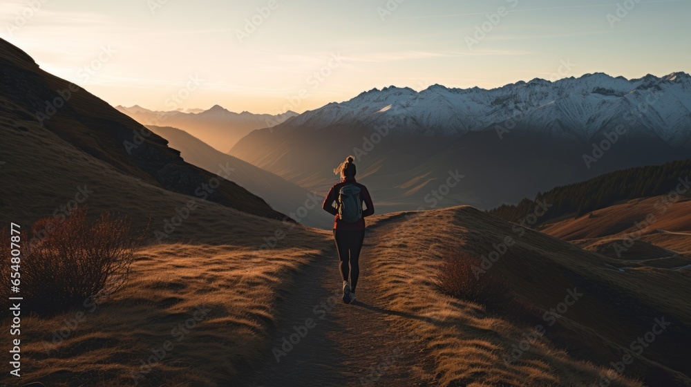 person running on a mountain trail at dawn