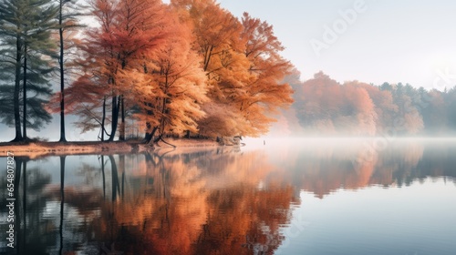 foggy morning over a lake with trees reflecting in the river