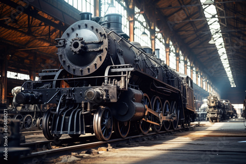Old black steam locomotive engine train in a hangar