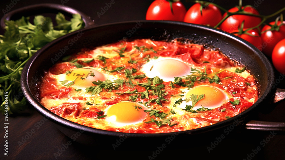 scrambled eggs with yolk in a pan with tomatoes