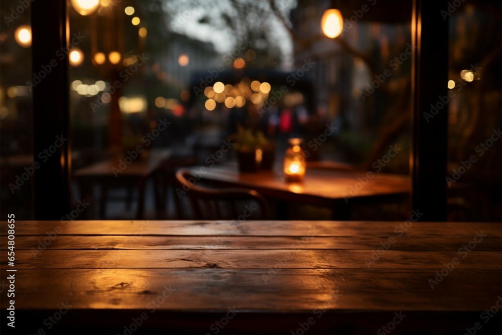 Cafes inviting glow surrounds a wooden table in the foreground
