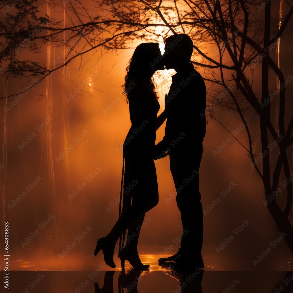 Silhouettes of a man and a woman kissing against the background of trees and sunset