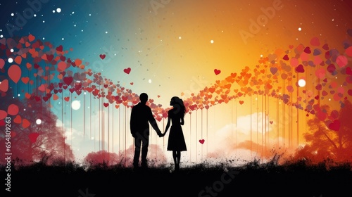 Silhouettes of a man and a woman holding hands on a multicolored background with hearts