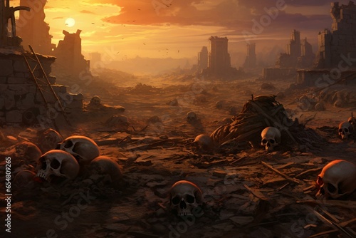 Remnants of ancient conflict with bones and skulls strewn about. Symbolizes war, devastation, and the end of civilization. Generative AI