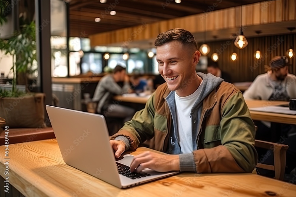 Cheerful and contented young Caucasian man sitting at desk and using laptop with a smile appears to be engaged and focused on his work. Generative AI Cheerful and contented young Caucasian man sitting at desk and using laptop with a smile appears to be engaged and focused on his work. Generative AI