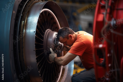 Mechanics inspecting and repairing jet engine. Maintenance at aircraft hangar.Jet engine maintenance and change part by aircraft technician . 